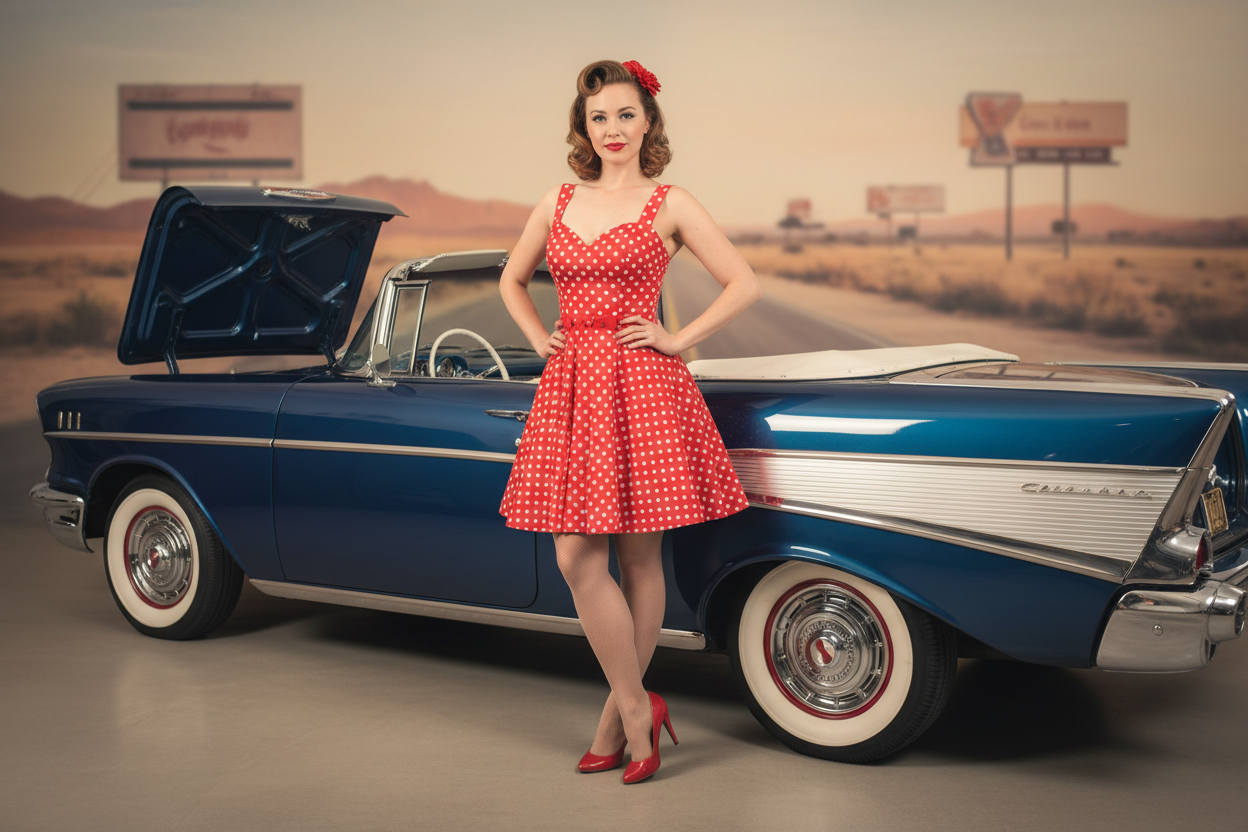 Pin up en robe rouge courte et à bretelles devant voiture foncé 